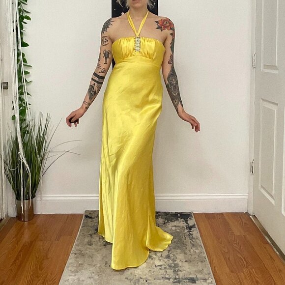 Gunne Sax Sleeveless Rhinestone Halter Maxi Dress Size XS Yellow - Picture 1 of 16